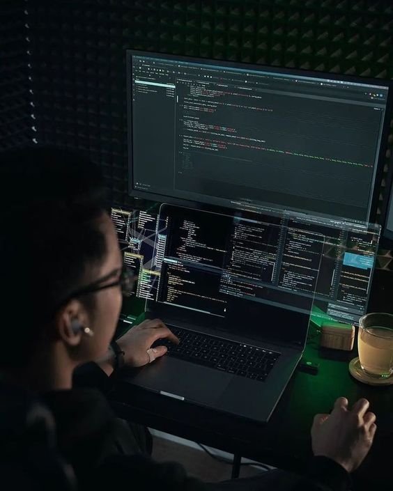 A man sitting at a desk with two monitors and a laptop, working diligently in a modern office setup.