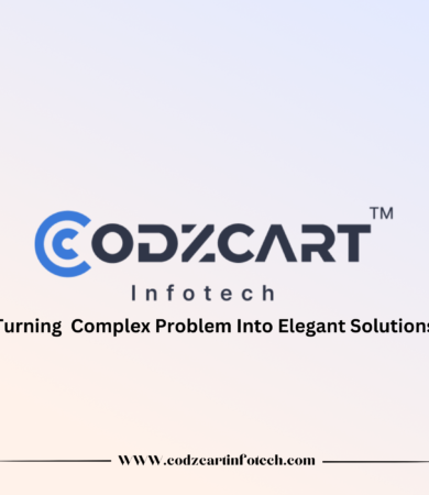 "Codzcart Infotech logo with the tagline 'Turning complex problems into elegant solutions.' and the website URL www.codzcartinfotech.com."