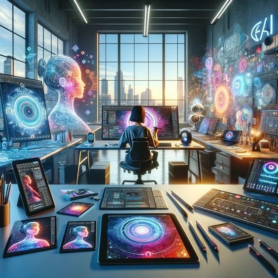 A futuristic workspace for AI-powered graphic design. The room is filled with multiple screens and tablets displaying vibrant digital interfaces and holographic images. A designer works at a central station, surrounded by advanced technology, immersed in creative AI-driven projects. The space is illuminated with ambient light and adorned with glowing digital projections.